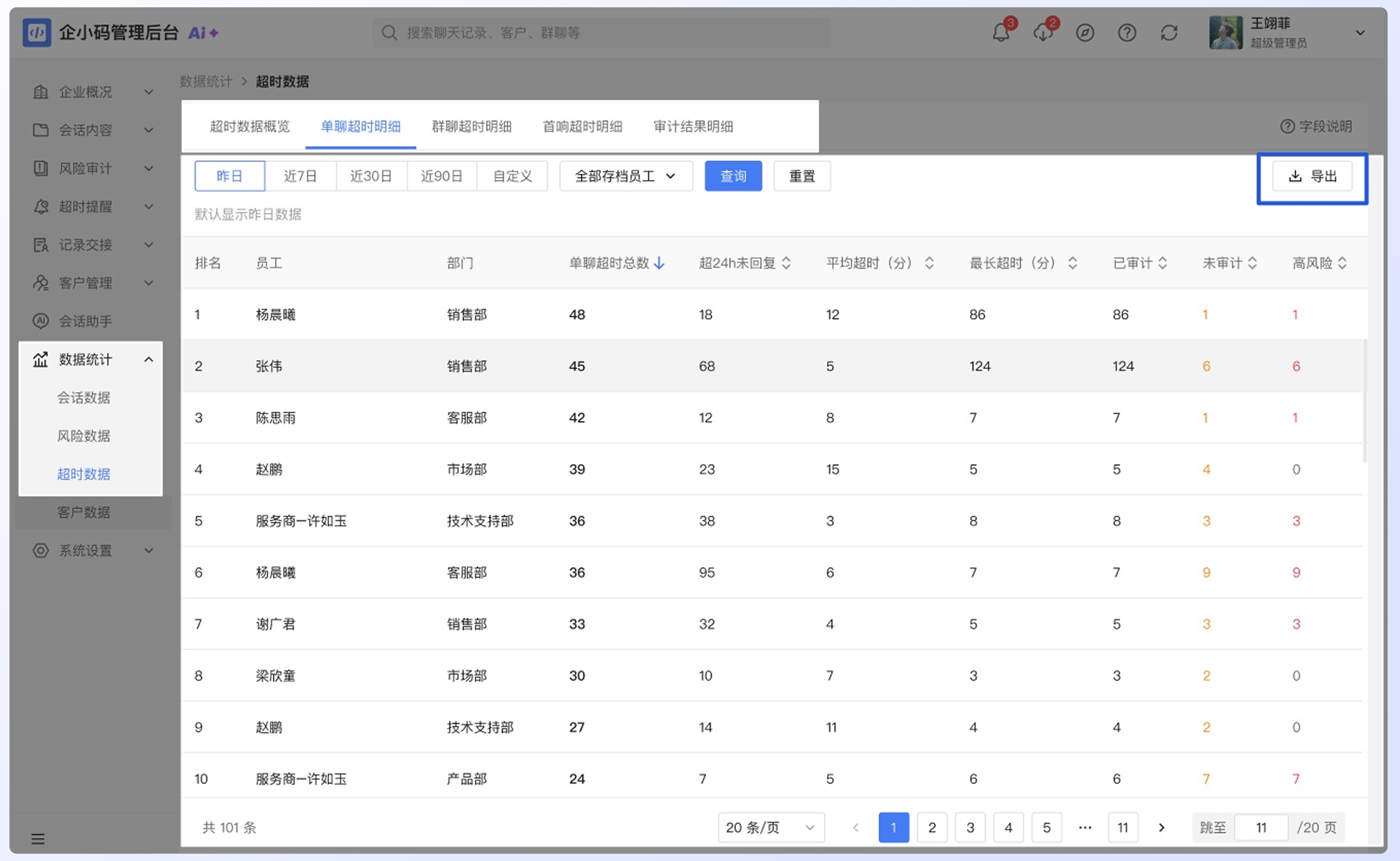 查看超时数据统计:查看超时数据明细